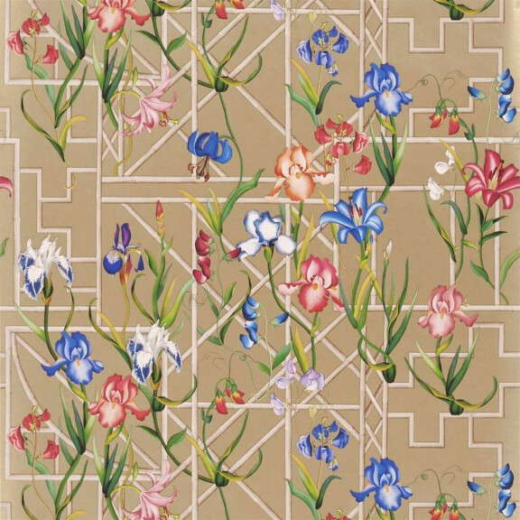 Tapeta kwiaty i bambusowy treliaż złota Christian Lacroix PCL7045/04 Fretwork Garden Lacroix Stravaganza