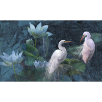 Fototapeta czaple i lilie wodne Wonderwall Bianco 35048603