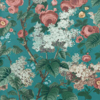 Tapeta angielski ogród 1838 Wallcoverings 2311-168-03 Floribunda Teal V&A Decorative Papers