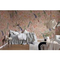 Fototapeta botaniczna Rebel Walls R19248 Songbirds Pink Vintage Brocade