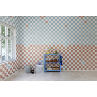Fototapeta kwadraty jak szachownica Rebel Walls R19413 Pixels Orange Blue Maximalism More is More