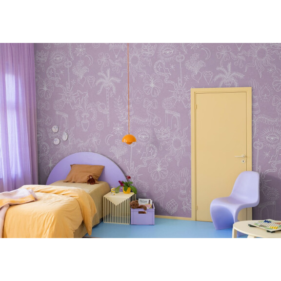 Fototapeta jak rysunki w brudnopisie Rebel Walls R19461 Doodle Lilac Maximalism More is More