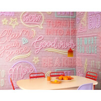 Fototapeta neonowe napisy i cegła Rebel Walls R19475 Neon Vibes Pink Bricks Maximalism More is More