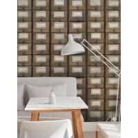 Mural szafki apteczne vintage Mind the Gap APOTHECARY Neutral WP20264 Premium Designer Wallpaper Collection