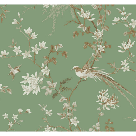 Tapeta w kwiatowe pnącza i ptaki York KT2175 Bird And Blossom Chinoiserie 24 Karat