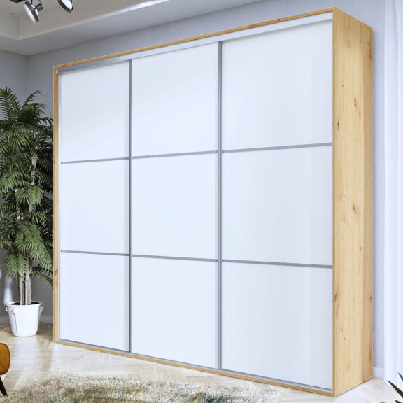 Szafa Przesuwna WIKI Szerokość 275 cm Dąb Artisan Front Biały Trzydrzwiowa Paski
