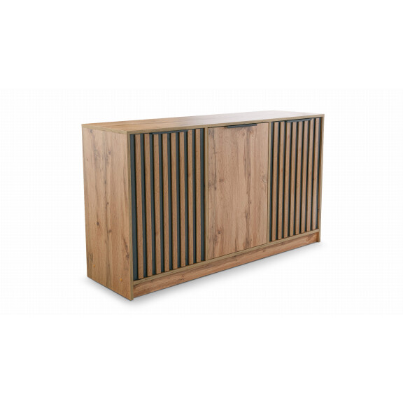 Komoda BALI LUX D3 Szerokość 138 cm Dąb Wotan + Czarny Lamele Trzydrzwiowa