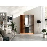 Szafa BALI LUX D3 Szerokość 149 cm Dąb Wotan + Czarny Lamele Lustro Trzydrzwiowa 3-Szuflady