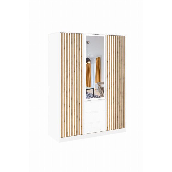 Szafa BALI LUX D3 Szerokość 149 cm Biały + Dąb Wotan Lamele Lustro Trzydrzwiowa 3-Szuflady