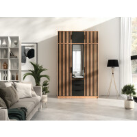 Szafa BALI LUX D3 z Nadstawką Szerokość 149 cm Dąb Wotan + Czarny Lamele Lustro 3-Szuflady
