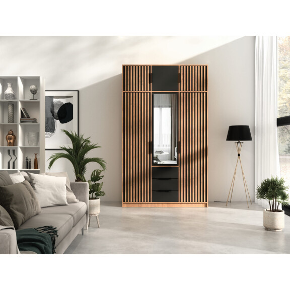 Szafa BALI LUX D3 z Nadstawką Szerokość 149 cm Dąb Wotan + Czarny Lamele Lustro 3-Szuflady