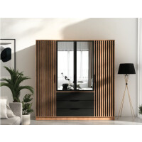 Szafa BALI LUX D4 Szerokość 196 cm Dąb Wotan + Czarny Lamele Lustro Czterodrzwiowa 3-Szuflady