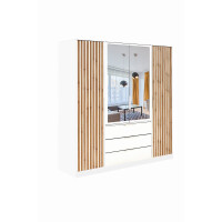 Szafa BALI LUX D4 Szerokość 196 cm Biały + Dąb Wotan Lamele Lustro Czterodrzwiowa 3-Szuflady