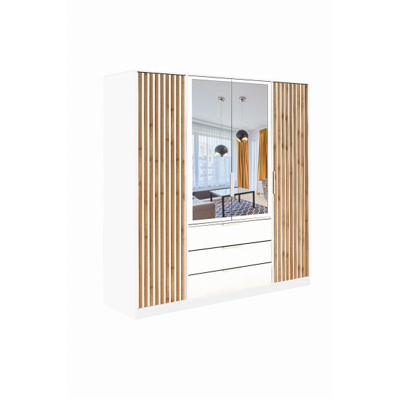 Szafa BALI LUX D4 Szerokość 196 cm Biały + Dąb Wotan Lamele Lustro Czterodrzwiowa 3-Szuflady