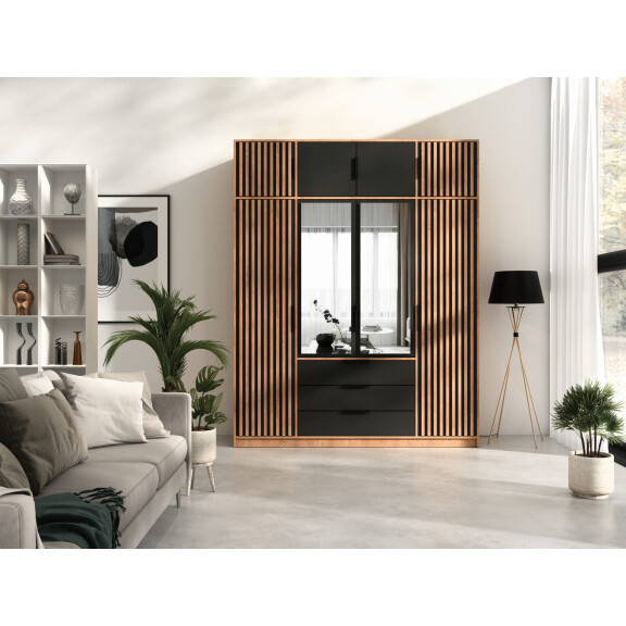 Szafa BALI LUX D4 z Nadstawką Szerokość 196 cm Dąb Wotan + Czarny Lamele Lustro 3-Szuflady