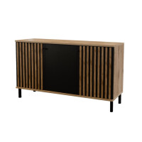 Komoda LONDON 3D Szerokość 150 cm Dąb Wotan + Czarny Lamele Trzydrzwiowa Nóżki Czarne Do Sypialni