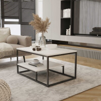 Stolik Kawowy CARGO z Półką Szerokość 90 cm Blat Biały Mat Stelaż Czarny Mat Do Salonu Styl Loft