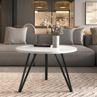 Stolik Kawowy KORI Okrągły 67 cm Blat Biały Mat Stelaż Czarny Mat Do Salonu Styl Loft