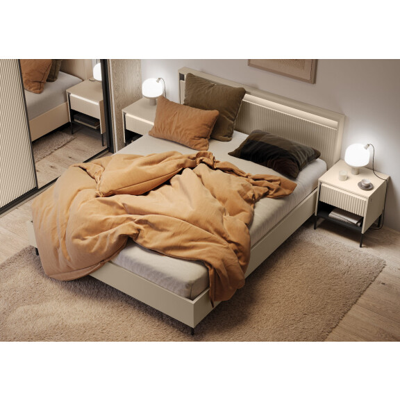 Łóżko TREND TS-03 160 x 200 cm Beż Piaskowy / Czarny Oświetlenie LED Ryflowany Zagłówek Sypialnia TS3160BPC