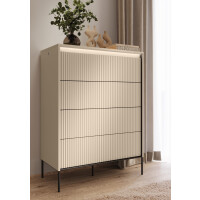 Komoda TREND TS-04 Szerokość 93 cm Beż Piaskowy / Czarny 4-Szuflady Oświetlenie LED Ryflowany Front Sypialnia TS4BPC