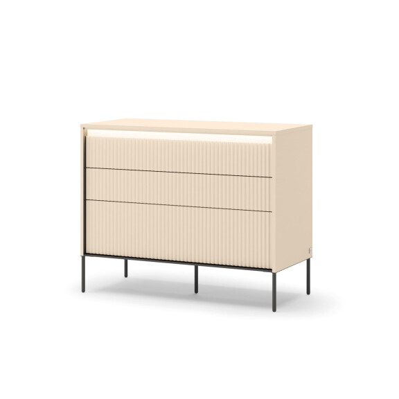 Komoda TREND TS-05 Szerokość 104 cm Beż Piaskowy / Czarny 3-Szuflady Oświetlenie LED Ryflowany Front Sypialnia TS5BPC