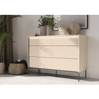 Komoda TREND TS-06 Szerokość 130 cm Beż Piaskowy / Czarny 6-Szuflad Oświetlenie LED Ryflowany Front Sypialnia TS6BPC