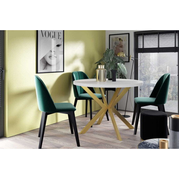 Stół EDDER 90 - 166 Okrągły Rozkładany Blat Biel Arktyczna Nogi Złote Loft