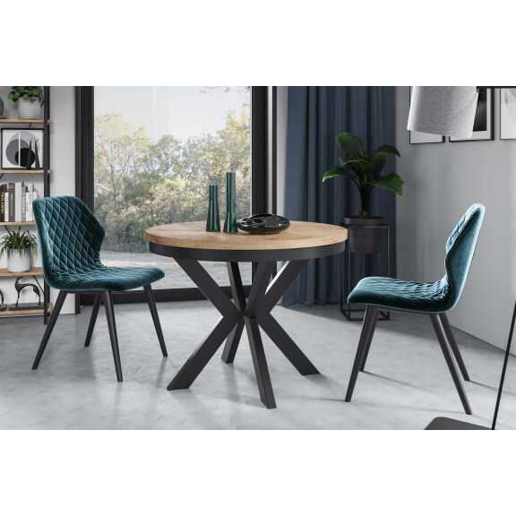 Stół EDDER 120 - 196 z Obręczą Okrągły Rozkładany Blat Dąb Craft Złoty Nogi Czarne Loft
