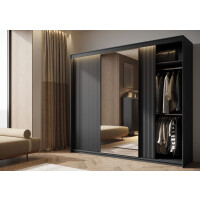 Szafa TREND TZ-02 Szerokość 250 cm Przesuwna Ryflowany Czarny Front Lustro Trzydrzwiowa Oświetlenie LED Nowoczesna TZ2C