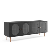 Szafka RTV VELVET Szerokość 161 cm Czarna / Złota Stal Czterodrzwiowa Przeszklona Styl Loft