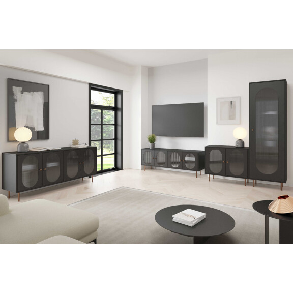Zestaw Mebli Do Salonu VELVET Czarny / Złota Stal Przeszklony Styl Loft Meblościanka
