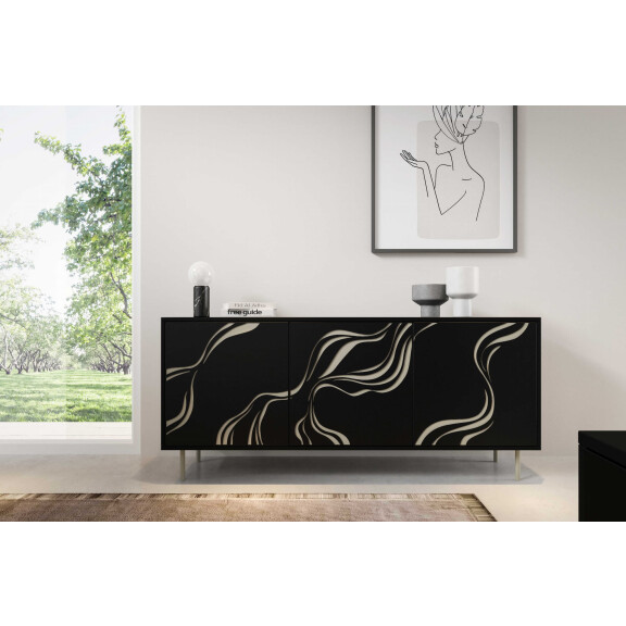 Komoda VINTRO Szerokość 165 cm Czarna / Kaszmirowa Stal Trzydrzwiowa Styl Loft