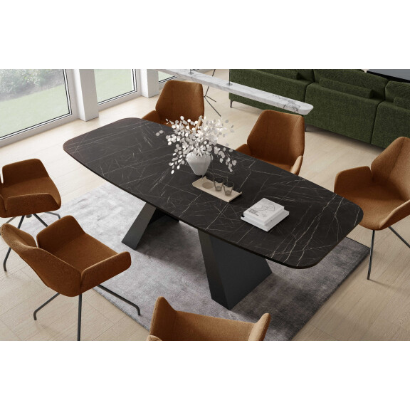 Stół MYRON 180 - 218 Owalny Rozkładany Blat Black Pietra Grigia Nogi Czarne Loft