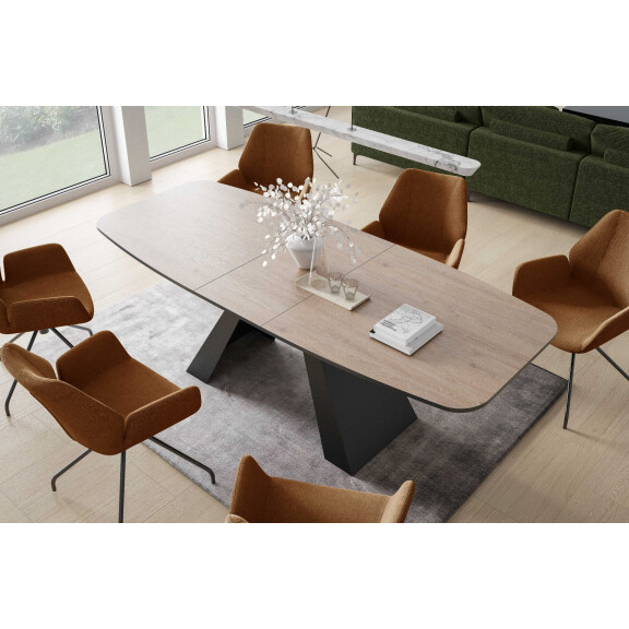Stół MYRON 180 - 218 Owalny Rozkładany Blat Truffle Brown Davos Oak Nogi Czarne Loft