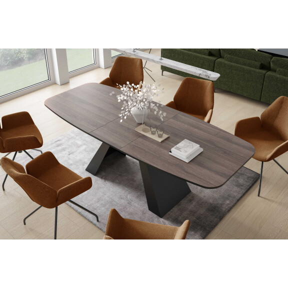 Stół MYRON 180 - 218 Owalny Rozkładany Blat Anthracite Sherman Oak Nogi Czarne Loft
