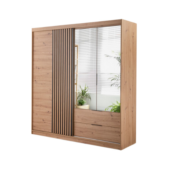 Szafa MAJORKA Szerokość 203 cm Dąb Artisan / Czarny Lustro Lamele Trzydrzwiowa 2-Szuflady Nowoczesna