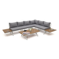 Zestaw mebli ogrodowych duży BARBADOS NEW2 | Aluminium | Biały | Drewno tekowe | Szare poduszki