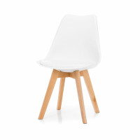 Krzesło skandynawskie białe SK03 z białą poduszką z ekoskóry i drewnianymi nogami