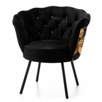 Fotel muszelka SK50 czarny welur ze zdobieniami czarno-złotymi, czarne nogi, glamour