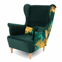 Fotel Uszak SK151 zielony welur ze zdobieniami oraz poduszką