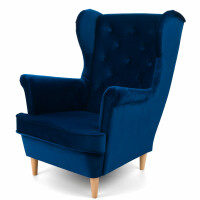 Fotel Uszak SK150 niebieski welur drewniane nogi