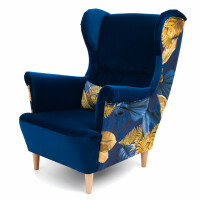 Fotel Uszak SK151 niebieski welur ze złotymi zdobieniami oraz poduszką