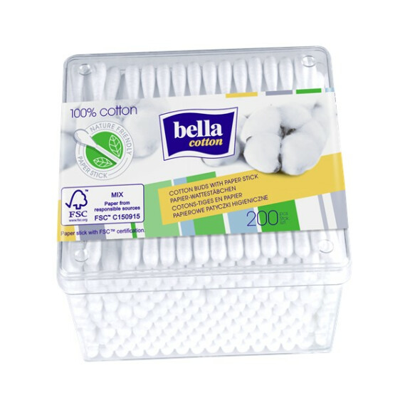 Papierowe patyczki higieniczne Bella Cotton 200 szt. Pudełko kwadratowe