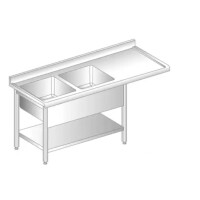 Stůl přístěnný z nerezové oceli s místem na myčku, 2 dřezy, poličkou zadní lištou a okapovou lištou 2000x700x850 mm | DORA METAL, DM-S-3273