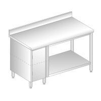 Stůl přístěnný z nerezové oceli se skříňkou, poličkou, zadní lištou a okapovou lištou 1400x600x850 mm | DORA METAL, DM-S-3113