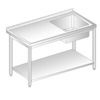 Stůl přístěnný z nerezové oceli s dřezem a poličkou 1100x700x850 mm | DORA METAL, DM-3201