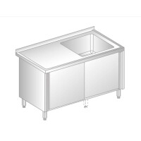 Stůl přístěnný z nerezové oceli s dřezem a skříňkou s posuvnými dveřmi 1200x700x850 mm | DORA METAL, DM-3211