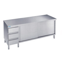 Pracovný stôl 1800x600x900 mm s 2 policami, blokom 3 zásuviek, 2 posuvnými dverami a pracovnou doskou bez zadného lemu | RILLING, ASS 0618A S3L0