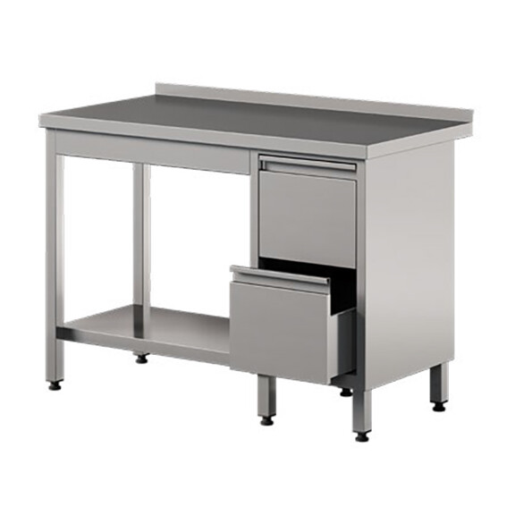 Nerezový prístenný stôl s 2 zásuvkami a policou 1100x700x850 mm | ASBER, WT-117-PL-2DR-S