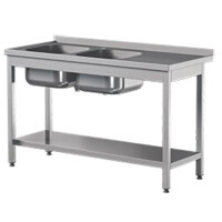 Prístenný nerezový stôl s poličkou a dvojkomorovým drezom 1700x600x850 mm | ASBER, STW-176/2-PL-L-S